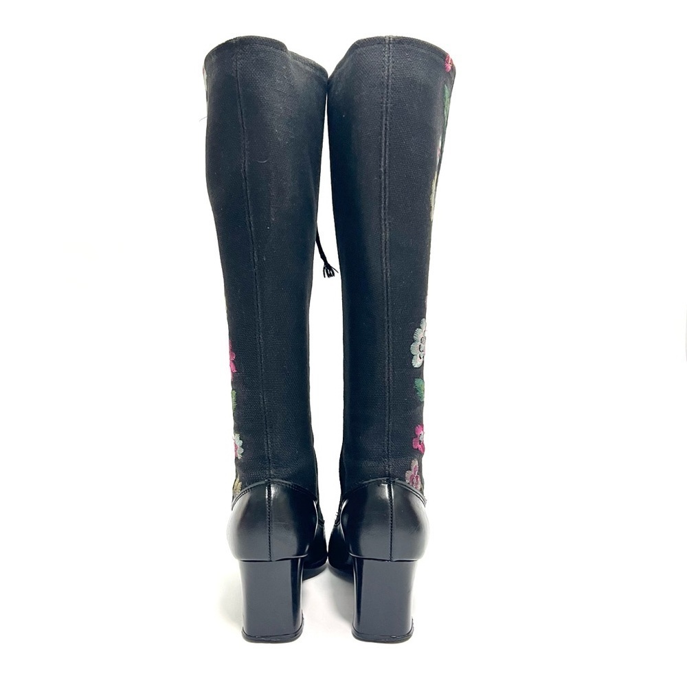 Vintage 1970s black canvas floral embroidered lace up knee high Penny Lane boots - Picture 7 of 9